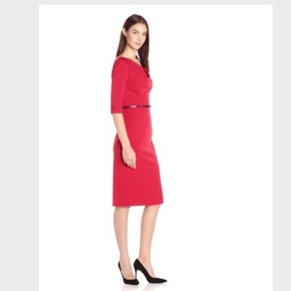 Black Halo Red Pink Belted Jackie O 3/4 Sleeve Dress Crepe Textured Size 4 - Picture 7 of 8